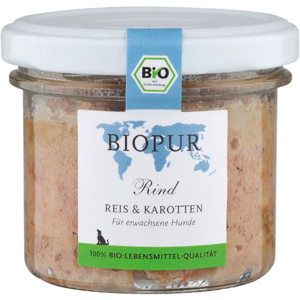 Bio Hundefutter Rind, Reis, Karotten 100g im GLAS (!!!) 100g Biopur - Bild 1