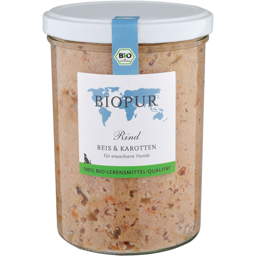 Bio Hundefutter Rind, Reis, Karotten im GLAS (!!!) 370g Biopur - Bild 1