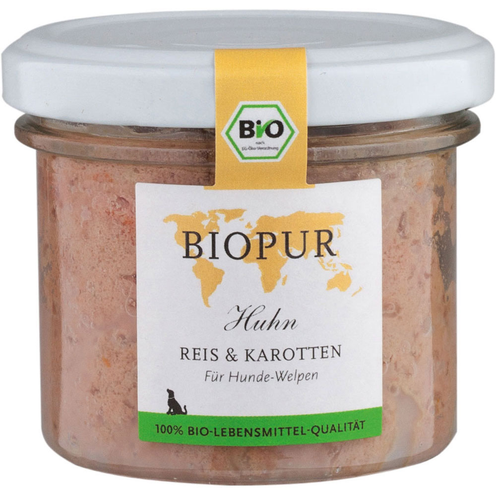 Bio Hundefutter Welpe Huhn, Reis, Karotten im GLAS! 100g BIOPUR - Bild 1