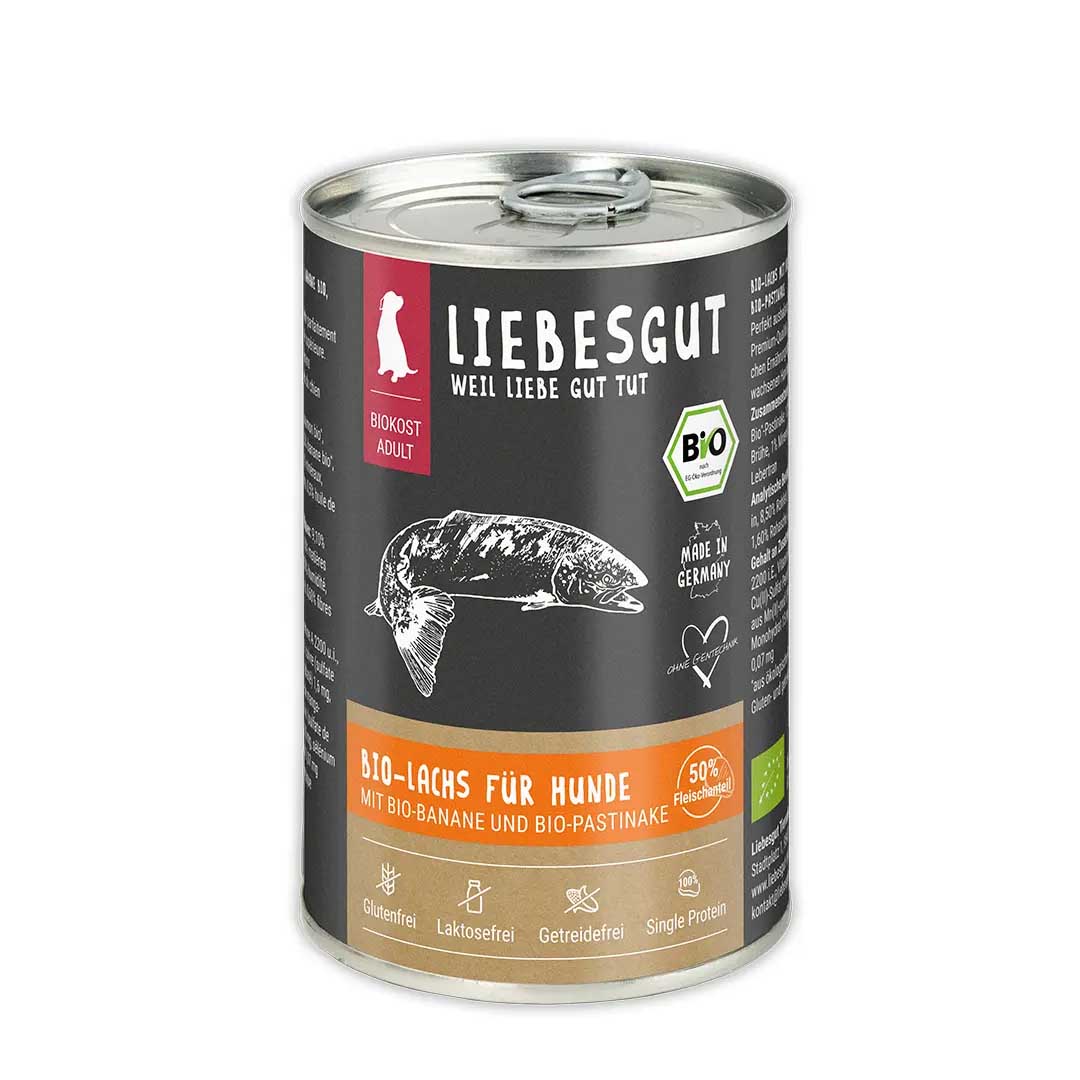 Bio Lachs mit Banane und Pastinaken Hund Nass-Alleinfutter 6x400g VE Liebesgut - Bild 1