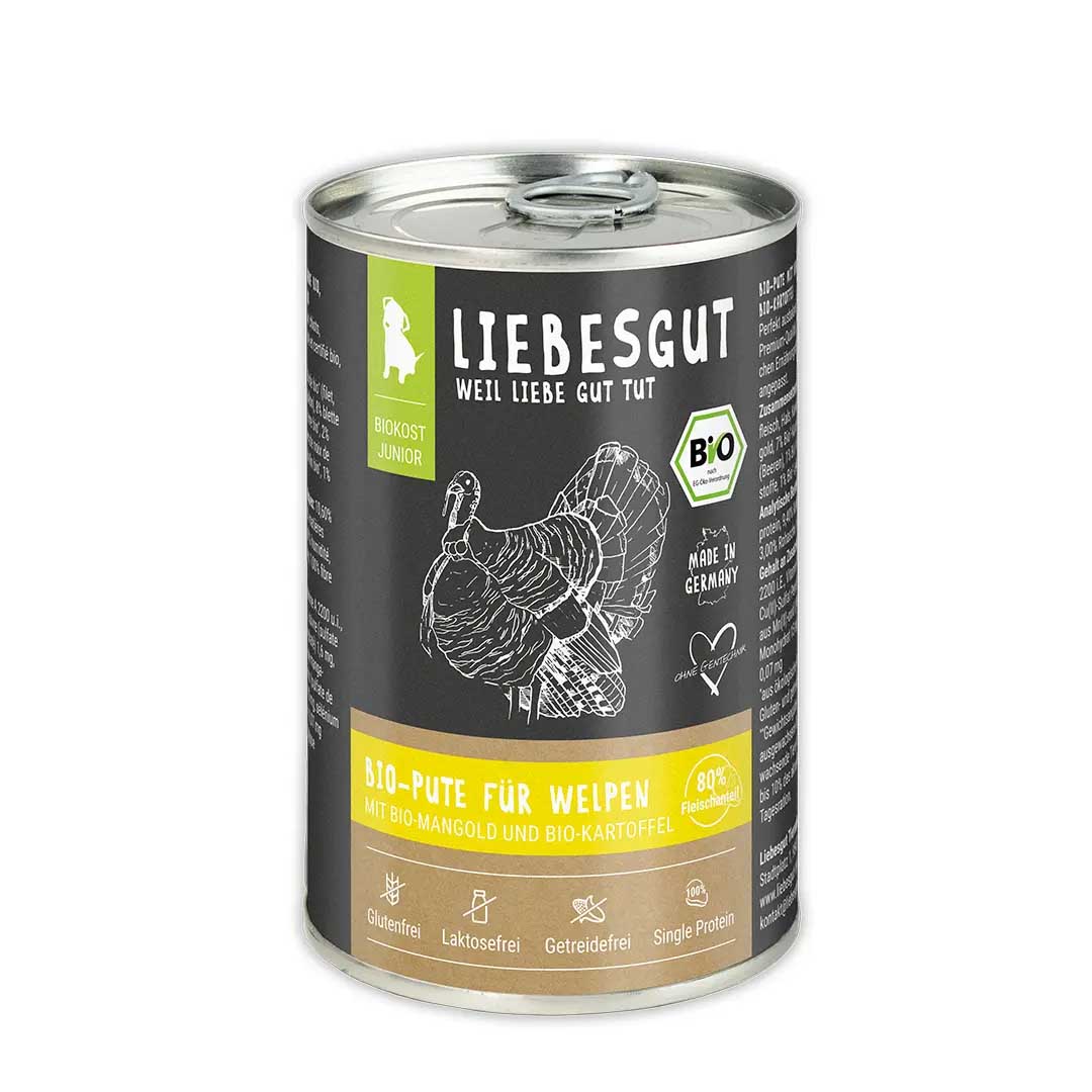 Bio Pute mit Spinat und Kartoffel Hund Nass-Alleinfutter Junior 6x400g VE Liebesgut - Bild 1