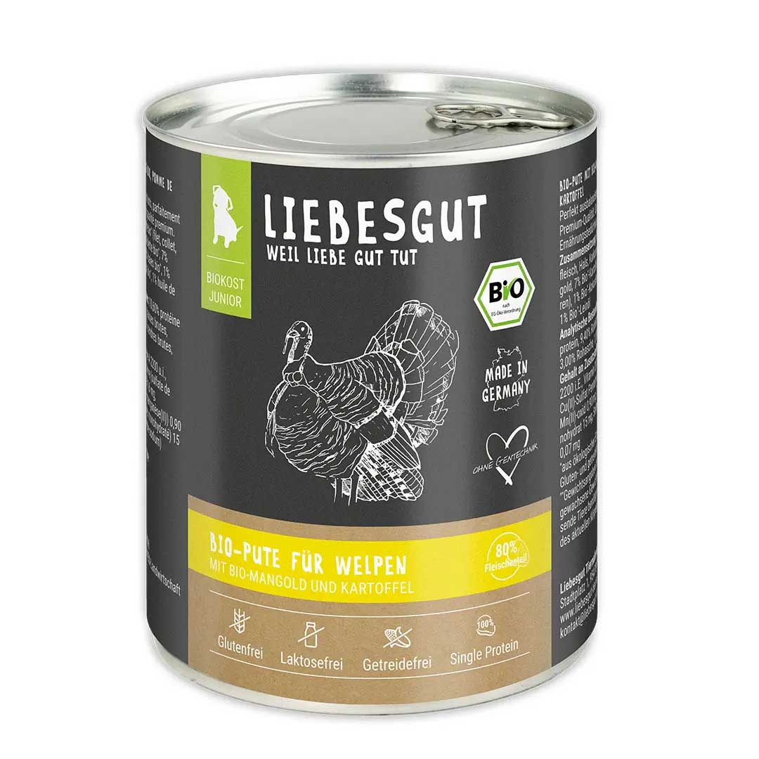 Bio Pute mit Spinat und Kartoffel Hund Nass-Alleinfutter Junior 6x800g VE Liebesgut - Bild 1