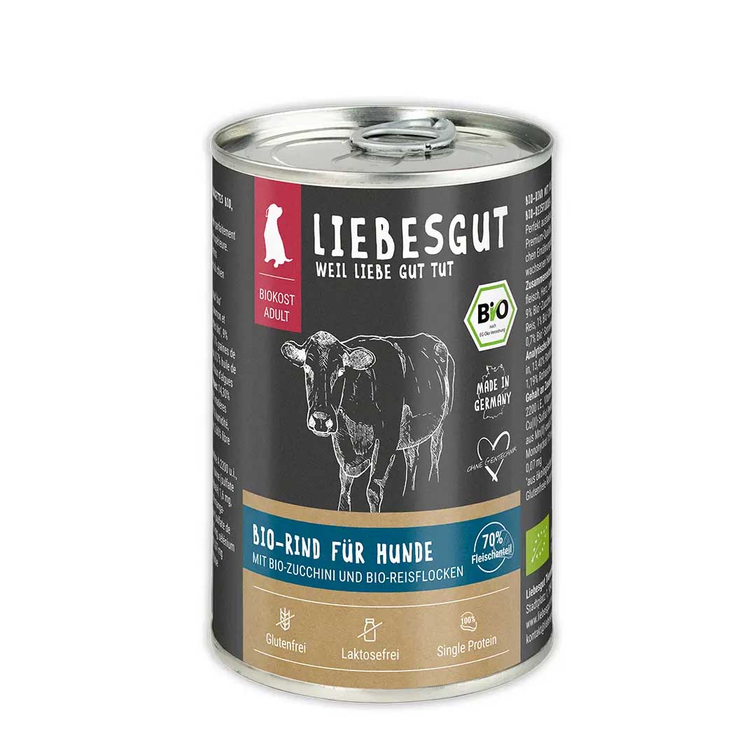 Bio Rind mit Zucchini und Reisflocken Hund Nass-Alleinfutter 6x400g VE Liebesgut - Bild 1