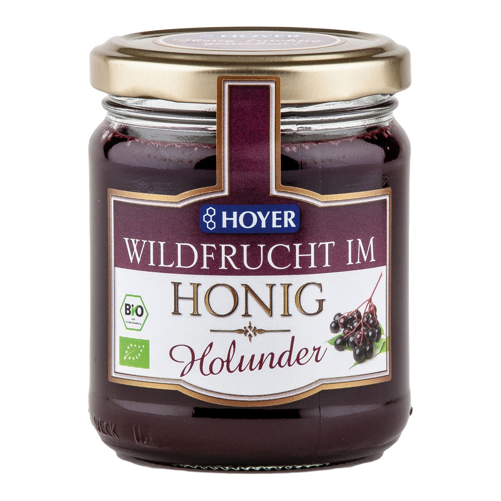 Haltbar bis 03.11.26  Holunder Wildfrucht im Honig 250g  Hoyer - Bild 1