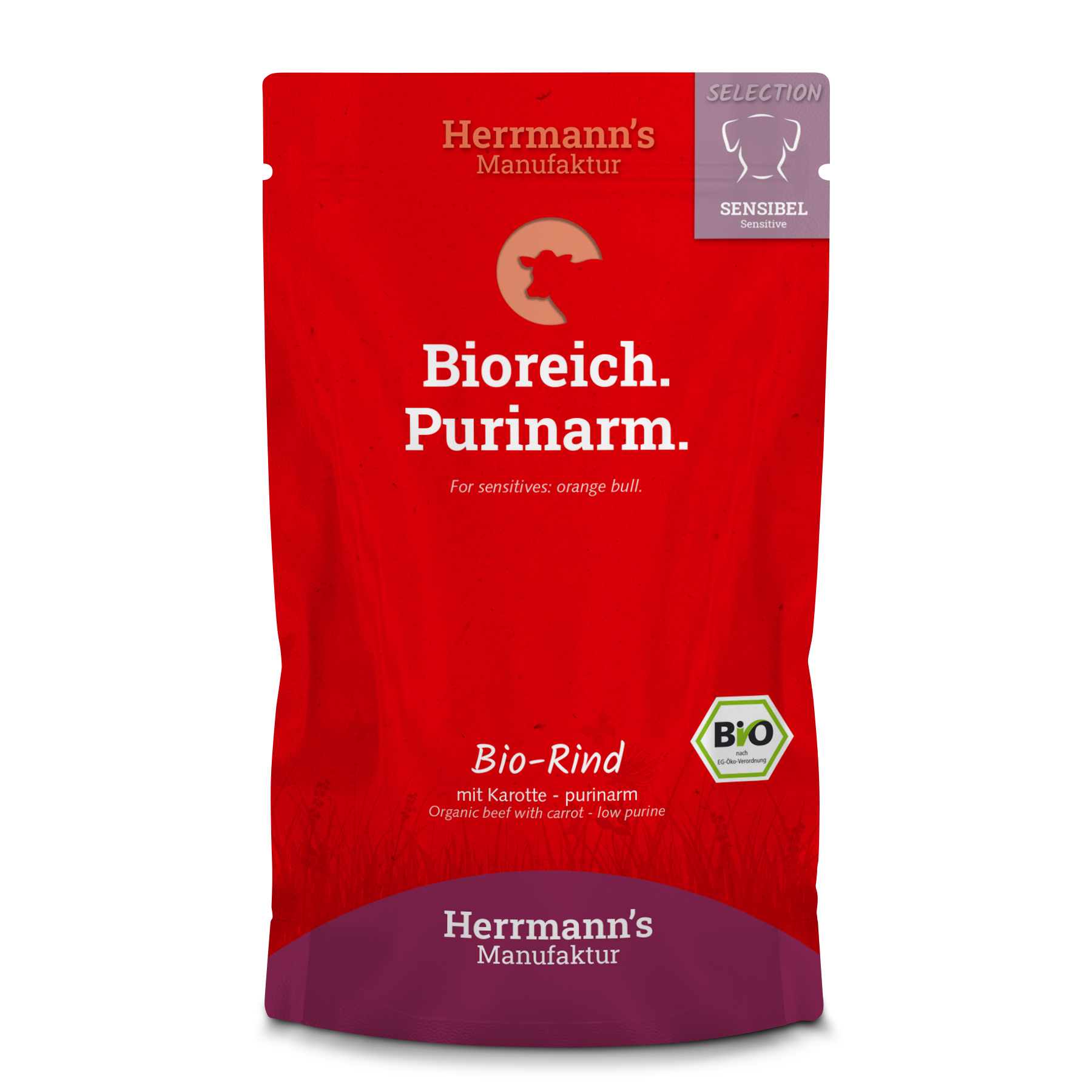 Haltbar bis 04/26   Hundefutter Bio Rind mit Karotte purinarm 150g Herrmann's - Bild 1
