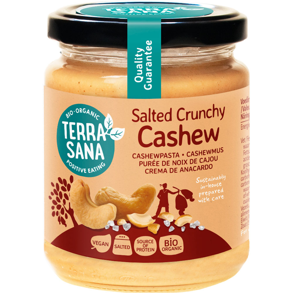 Haltbar bis Januar 2027  Bio Cashewmus Crunchy mit Steinsalz, 250g Schraubglas TerraSana - Bild 1