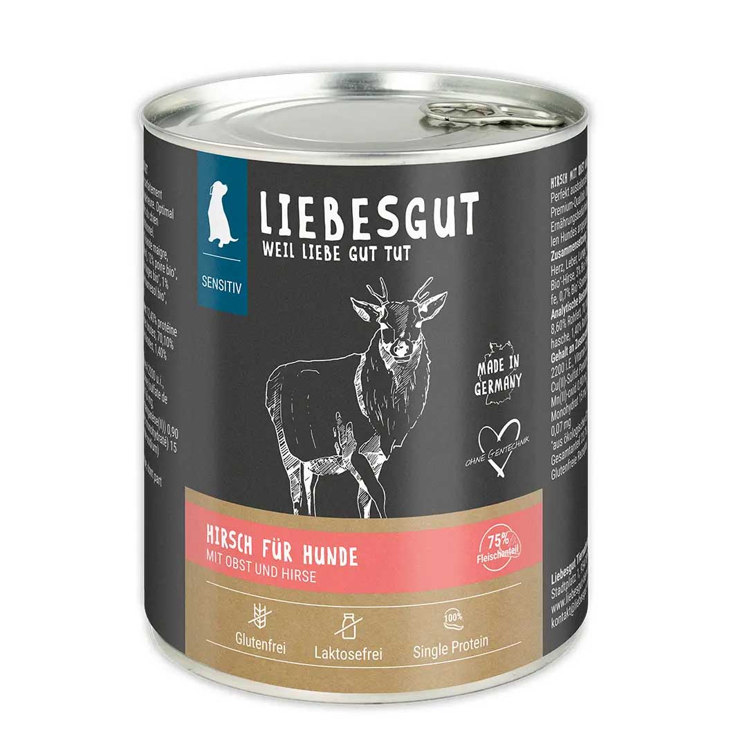 Hirsch mit Bio-Obst und Bio-Hirse Hund Nass-Alleinfutter Sensitiv 6x800g VE Liebesgut - Bild 1