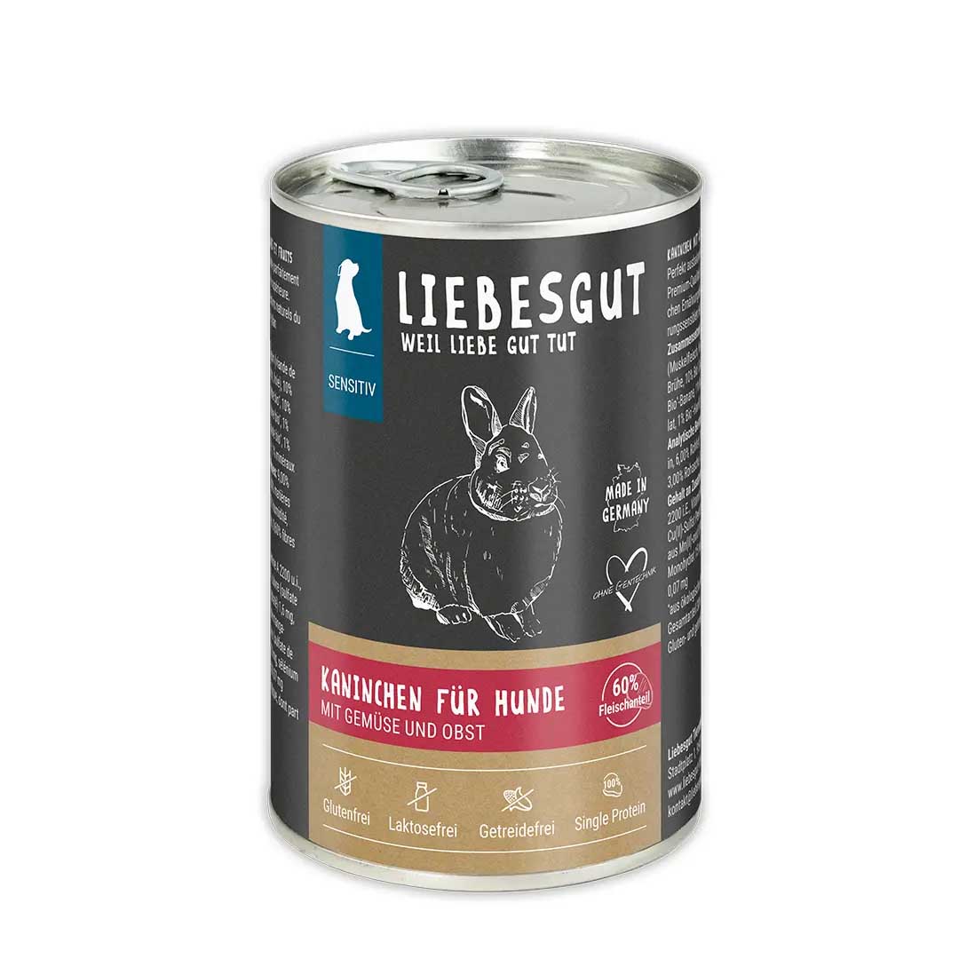 Kaninchen mit Bio Gem&uuml;se und Bio Obst Hund Nass-Alleinfutter Sensitiv 6x400g VE Liebesgut - Bild 1