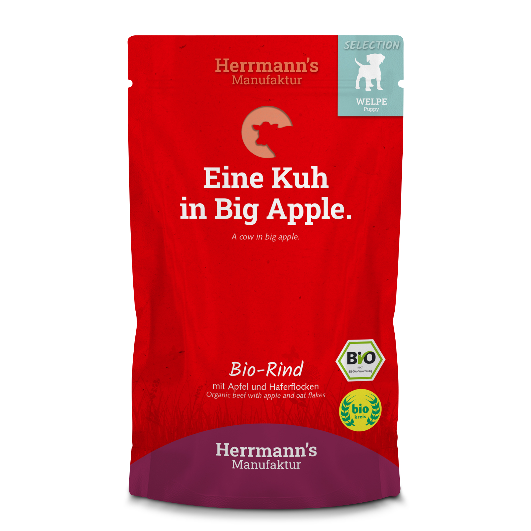 MHD 04/26    15er-VE Hundefutter Welpe: Bio Rind mit Apfel und Haferflocken 150g Herrmann's - Bild 1