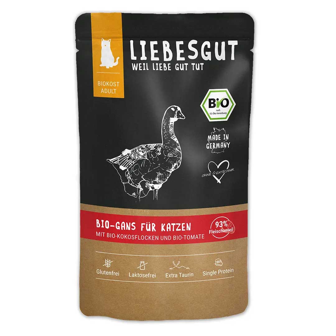 MHD 09/26  Bio Gans mit Kokos und Tomate Katze Nass-Alleinfutter 12x100g VE Liebesgut - Bild 1