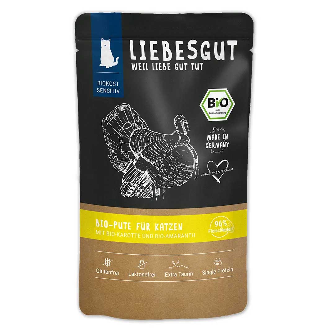 MHD 09/26 Bio Pute mit Karotte und Amaranth Katze Nass-Alleinfutter 12x100g VE Liebesgut - Bild 1
