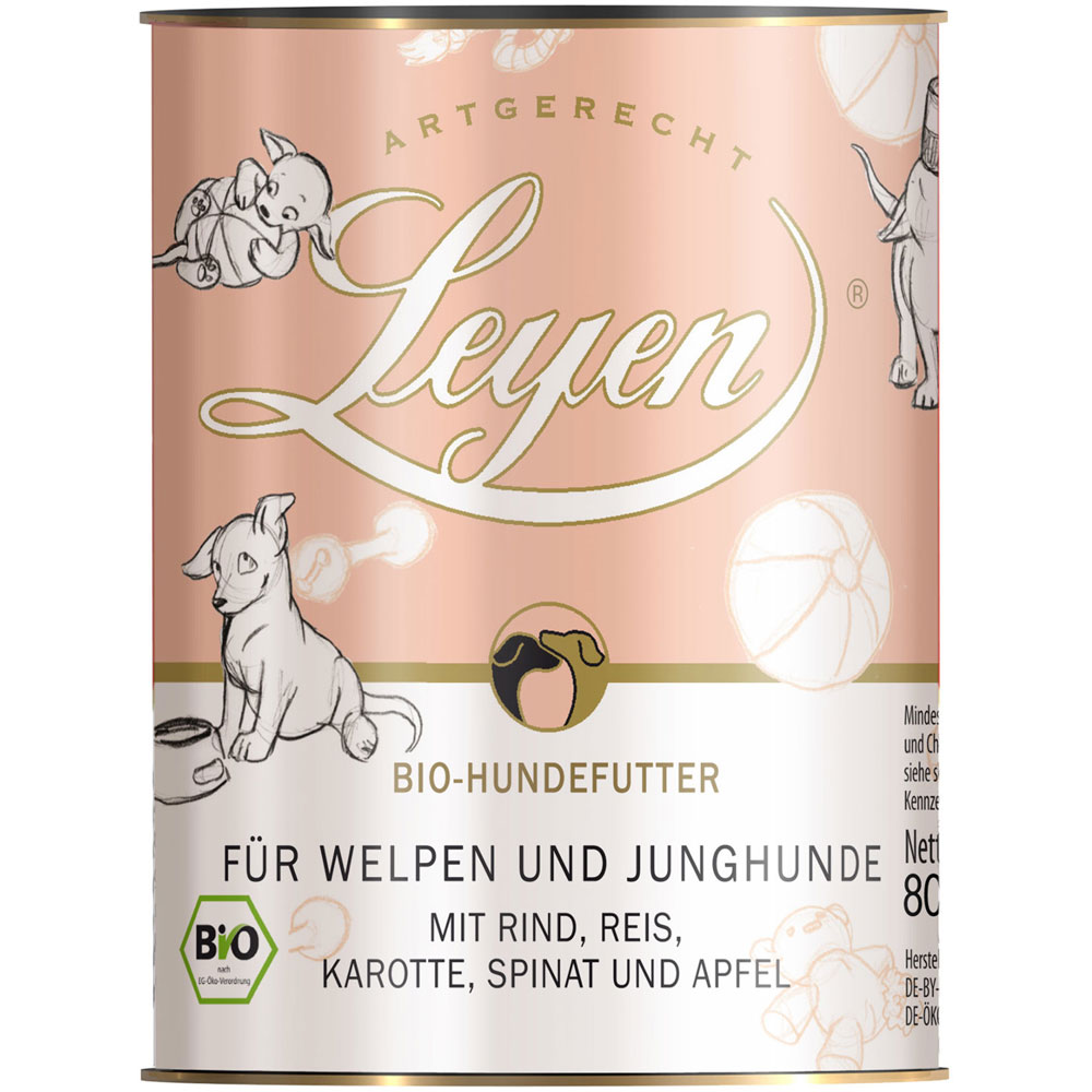 RM 3er-SET Bio Welpenfutter Rind, Reis, Karotten, Spinat u. Apfel 800g Leyen - Bild 1