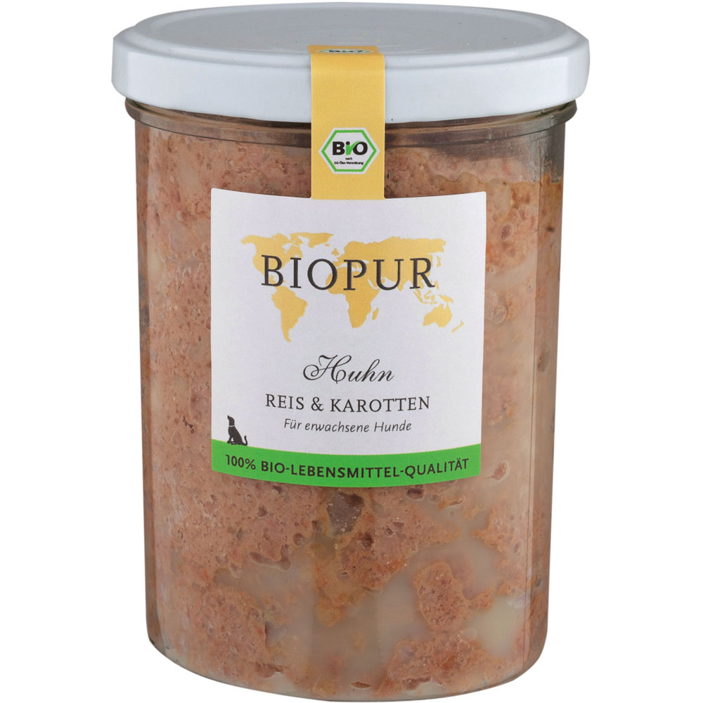 RM Bio Hundefutter Huhn, Reis, Karotten im GLAS (!!!) 370g Biopur - Bild 1
