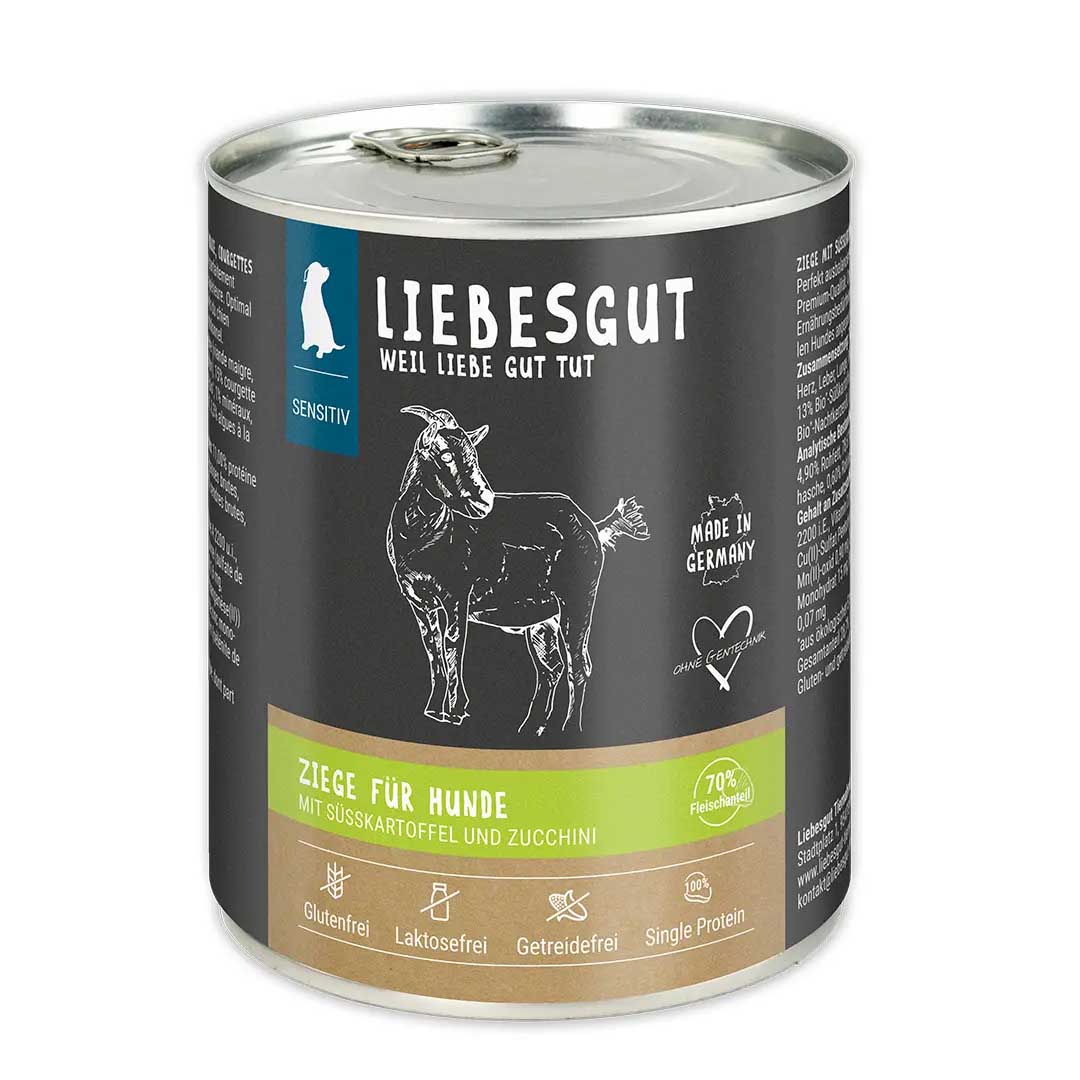 Ziege mit Bio S&uuml;&szlig;kartoffel und Bio Zucchini Hund Nass-Alleinfutter Sensitiv 6x800g VE Liebesgut - Bild 1
